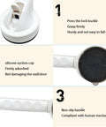 Diagrams showing features of the White Strong Suction Cup Handle No Drilling Installation for glass doors with lock buckle and silicone suction cup.