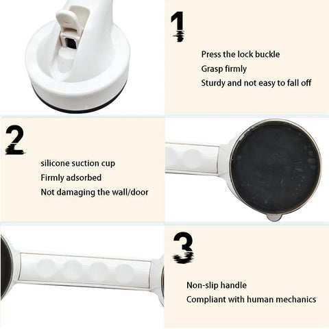 Diagrams showing features of the White Strong Suction Cup Handle No Drilling Installation for glass doors with lock buckle and silicone suction cup.