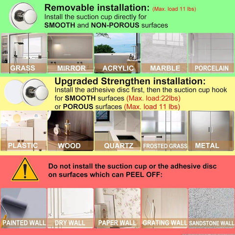 Installation guide for Gold Suction Cup Hooks for Glass Window, Shower Hook for Inside Shower, Removable Towel Hooks, surfaces compatibility.