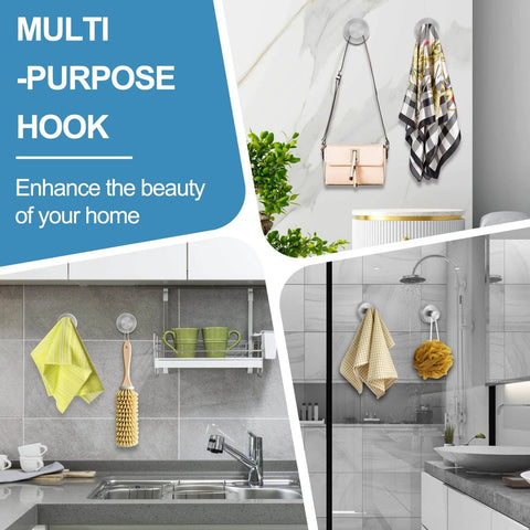 Suction Cup Hooks for Glass and Tile No Drill Shower Hooks Silver 2 Pack showing multi-use in kitchen and bathroom