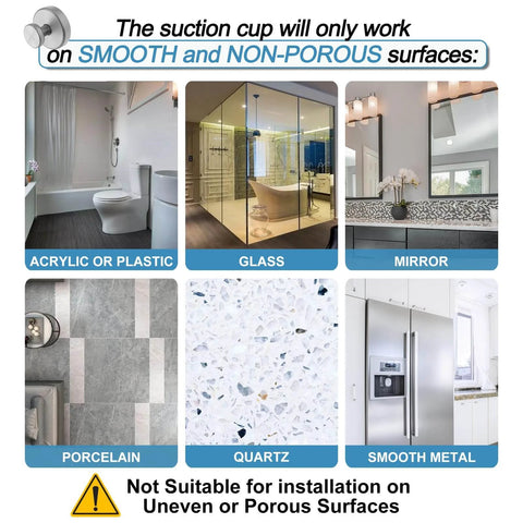 Suction Cup Hooks for Glass and Tile No Drill Shower Hooks Silver 2 Pack suitable surfaces chart