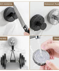 Gold Suction Cup Hooks for Glass Window demonstrating scratch resistance, waterproof, heavy-duty support, and reusability features.