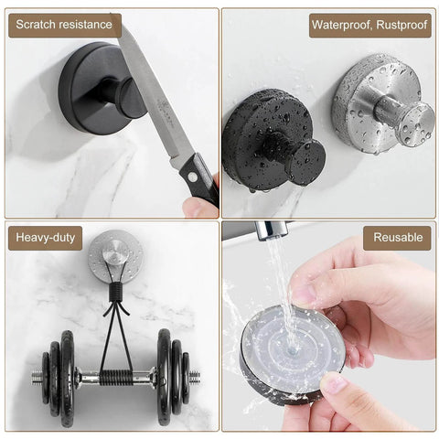 Gold Suction Cup Hooks for Glass Window demonstrating scratch resistance, waterproof, heavy-duty support, and reusability features.
