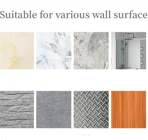 Various wall surfaces suitable for Heavy Duty No Drill Suction Cup Hooks For Shower And Bathroom, showing glass and tile options.