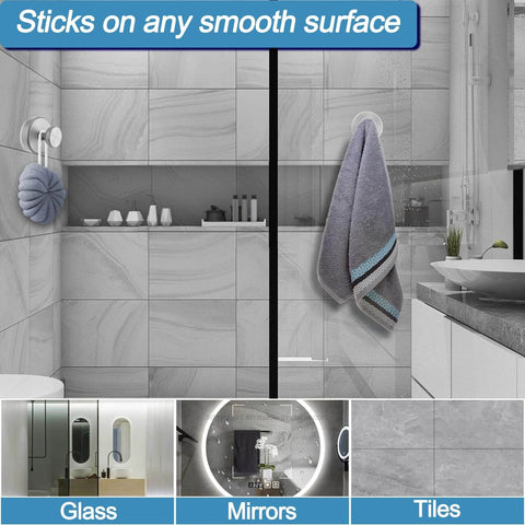 Suction Cup Hooks for Glass and Tile No Drill Shower Hooks Silver 2 Pack installed in a bathroom holding a towel on glass surface
