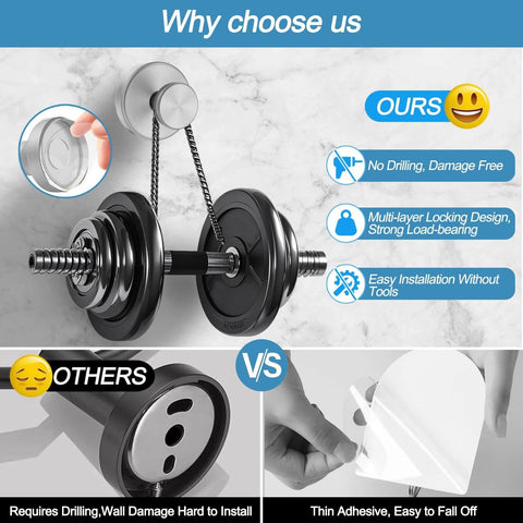 Comparison chart showing Suction Cup Hooks for Glass and Tile No Drill Shower Hooks Silver 2 Pack versus traditional hooks requiring drilling.