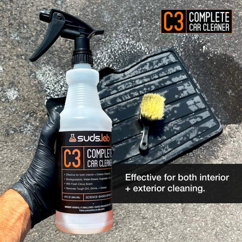 Suds Lab C3 Complete Car Cleaner, Multipurpose Car Wash Solution for Interior and Exterior Cleaning, Spray for Automotive Detailing, 32 oz bottle and brush on mat