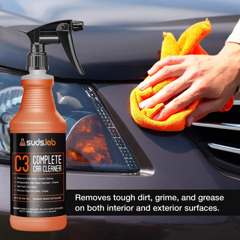 Person cleaning car hood with Suds Lab C3 Complete Car Cleaner, Multipurpose Car Wash Solution for Interior and Exterior Cleaning, 32 oz