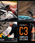 Image collage showing Suds Lab C3 Complete Car Cleaner being used for spraying, scrubbing, and wiping on a car's interior and exterior.