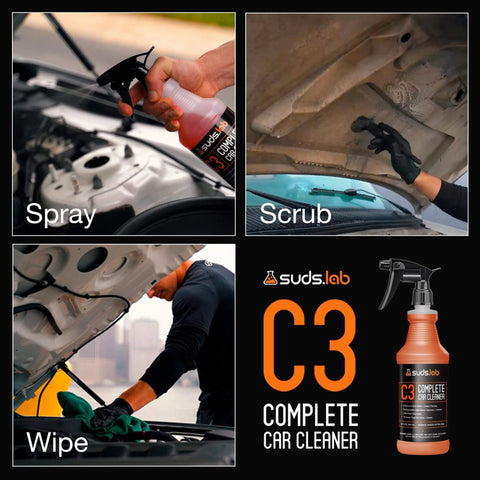Image collage showing Suds Lab C3 Complete Car Cleaner being used for spraying, scrubbing, and wiping on a car's interior and exterior.