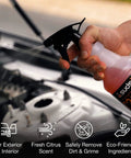 Person using Suds Lab C3 Complete Car Cleaner, Multipurpose Car Wash Solution for Interior and Exterior Cleaning, Spray for Automotive Detailing, 32 oz on car engine.