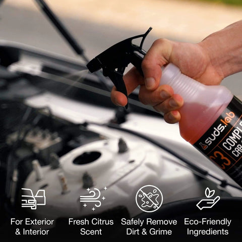 Person using Suds Lab C3 Complete Car Cleaner, Multipurpose Car Wash Solution for Interior and Exterior Cleaning, Spray for Automotive Detailing, 32 oz on car engine.