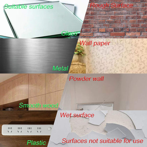 Suitable surfaces for Clear Double Sided Tape One Quarter Inch Ten Feet Heavy Duty Mounting Adhesive, including glass, metal, wood.