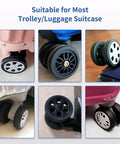 8 Pcs Luggage Wheels Replacement Kit with 2 Inch TPU Rubber Double Row Spinner Wheels showing various angles for suitcase use.