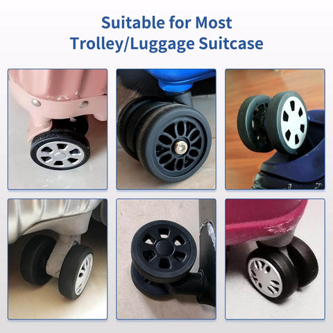 8 Pcs Luggage Wheels Replacement Kit with 2 Inch TPU Rubber Double Row Spinner Wheels showing various angles for suitcase use.