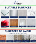 Chart showing suitable surfaces for Nano Double Sided Tape Squares Clear Mounting Tape Kit 15 Pre Cut 3x3 Inches Heavy Duty Adhesive.