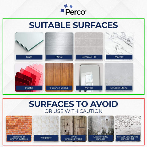 Chart showing suitable surfaces for Nano Double Sided Tape Squares Clear Mounting Tape Kit 15 Pre Cut 3x3 Inches Heavy Duty Adhesive.