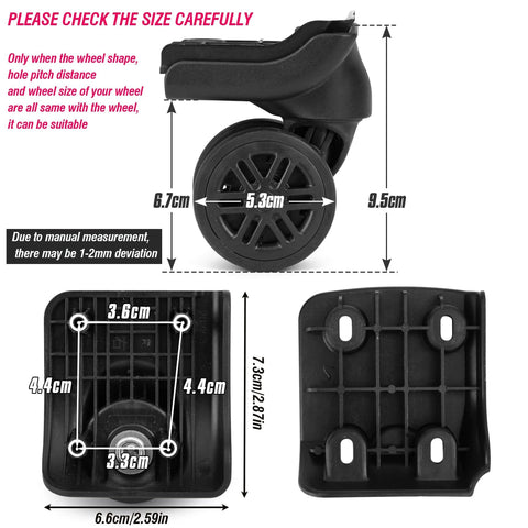 Suitcase Wheels Swivel Casters Luggage Replacement Model W044-B close-up of dual wheels and screw holes for DIY suitcase repair.