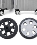 Suitcase Wheels Replacement 360 Spinner Kit 60mm Diameter by 12mm Width shown with luggage and close-up of wheel design.