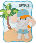 Cute summer-themed card with elephant holding ice cream, palm tree in background, made using Rectangular Radial Stripes Background Die Set.