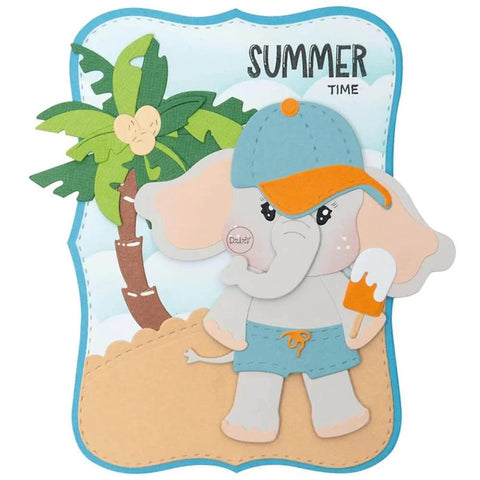 Cute summer-themed card with elephant holding ice cream, palm tree in background, made using Rectangular Radial Stripes Background Die Set.