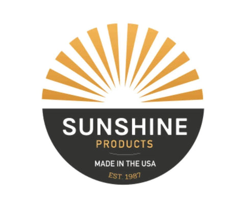Logo of Sunshine Products depicting sun rays above the text 'Made in the USA, Est. 1987'.