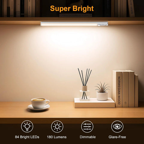 10.2 Inch Under Cabinet Lighting Kit installed on shelf, bright 84 LED light illuminating books and decor, motion sensor visible
