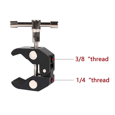 Close-up of a Workhorse Ultimate Versatile Super Clamp Kit with 1/4 and 3/8 inch threads for photography rigs and accessories.