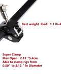 Workhorse Ultimate Versatile Super Clamp Kit With Quarter Inch And Three Eighths Inch Threads clamping on rod, max open 5.4cm