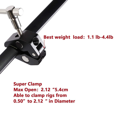Workhorse Ultimate Versatile Super Clamp Kit With Quarter Inch And Three Eighths Inch Threads clamping on rod, max open 5.4cm