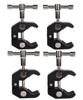 Pack of 4 Workhorse Ultimate Versatile Super Clamp Kit with quarter inch and three eighths inch threads for photography rigs.