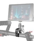 Go To Super Clamp with one quarter and three eighths inch thread holding a monitor on a cross bar for photography gear.