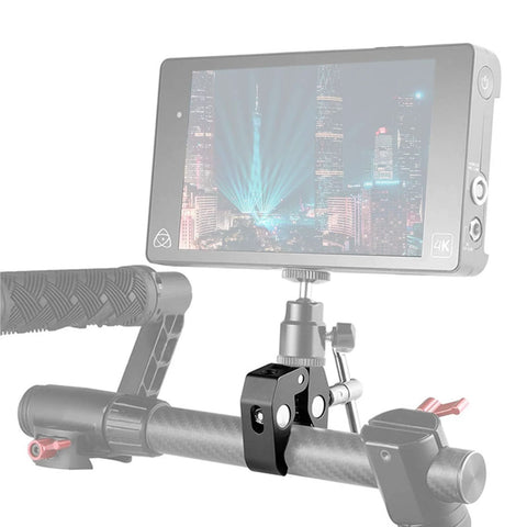 Go To Super Clamp with one quarter and three eighths inch thread holding a monitor on a cross bar for photography gear.