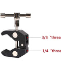 Go To Super Clamp with one quarter and three eighths inch thread, black anodized aluminum, ideal for DSLRs and photo gear mounting