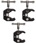 Three Go To Super Clamps with 1/4in and 3/8in thread, black aluminum alloy, for DSLRs, monitors, lights, and shelves.
