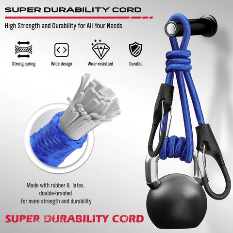 Heavy Duty Bungee Cords With Hooks Kit 129 Pieces showing blue elastic rope with carabiner hooks and strength features.