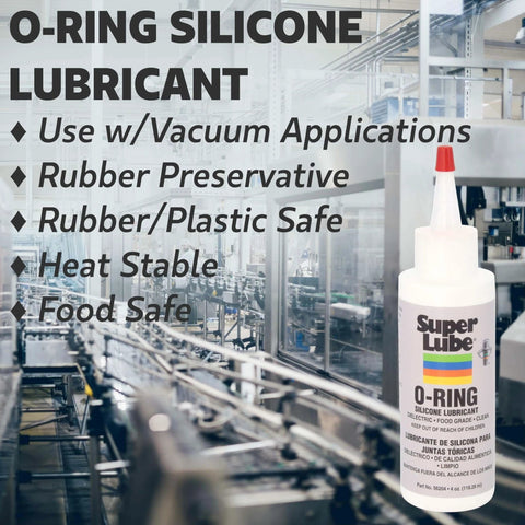 Super Lube O-Ring Silicone Lubricant - Waterproof Silicone & Rubber Seal Grease - Heat Stable Lubricant & Oxidation Protection - Food Grade H1 Grease - Clear - Bottle - 4 oz (56204) shown with factory background.