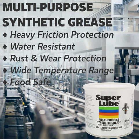 Super Lube Multi-Purpose Synthetic Grease w/ Syncolon - High Temperature, Water & Corrosion Resistant Grease - Workshop & Industrial Use - Food Grade - Translucent White - Tube - 3 oz (21030) on production line background