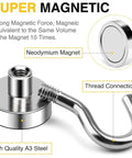 Close-up of a neodymium magnet with thread connection, labeled as super magnetic, made of high quality A3 steel, demonstrating strength.