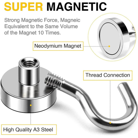 Close-up of a neodymium magnet with thread connection, labeled as super magnetic, made of high quality A3 steel, demonstrating strength.