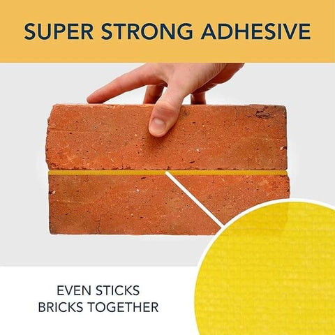 Super strong adhesive sticking two bricks together, demonstrating the Two Sided Rug Tape Heavy Duty Grip That Keeps Rugs Put, 90 Feet Long, 1.88 Inches Wide, Ultra Sticky Adhesive For Concrete, Tile, Hardwood, Laminate, Indoor And Outdoor Use, Runners, Mats, And Area Rugs.