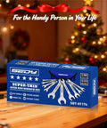 Box of 10-Piece Ultra Thin Open End Wrench Set Metric 5.5–27mm, 3mm Thick Slim Wrenches, nickel plated, displayed on a wooden table.
