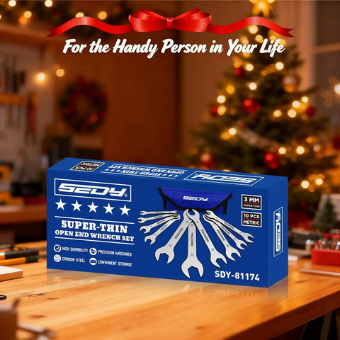 Box of 10-Piece Ultra Thin Open End Wrench Set Metric 5.5–27mm, 3mm Thick Slim Wrenches, nickel plated, displayed on a wooden table.