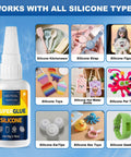 Fast Bonding Top Notch Clear Silicone Glue For Silicone Rubber And TPU TPE TPR Crafts Waterproof Liquid Adhesive For Models Toys And Crafts With Six Applicator Nozzles 100g shown with various silicone products
