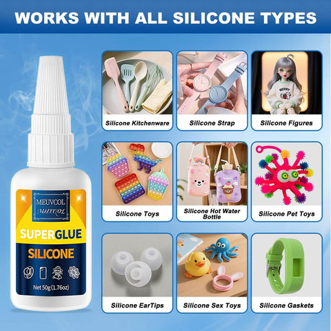 Fast Bonding Top Notch Clear Silicone Glue For Silicone Rubber And TPU TPE TPR Crafts Waterproof Liquid Adhesive For Models Toys And Crafts With Six Applicator Nozzles 100g shown with various silicone products