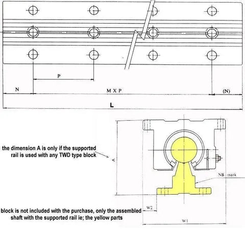Technical diagram of NB WSS16 x28 1" inch Supported Shaft Rail Assembly Linear Motion for automation systems, showing dimensions and components.
