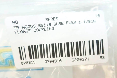 Product packaging with label of Sure-Flex Flange Coupling 1-1/8 Inch Bore By TB Woods 6S118 for industrial use