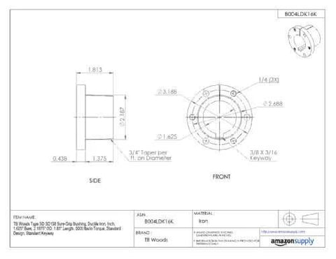 Technical drawing of Sure-Grip Go-To Ductile Iron Bushing SD158 for drive shaft mounting, side and front views with dimensions labeled.