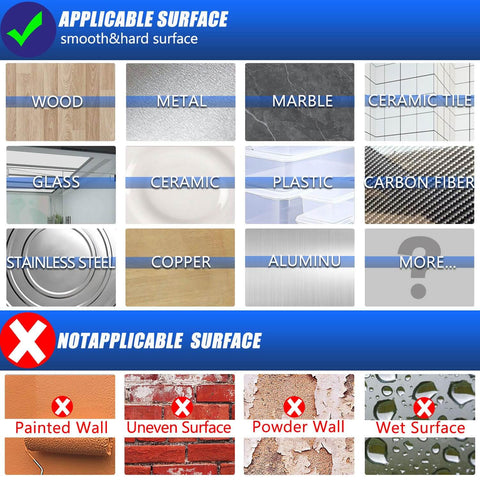 Chart showing applicable surfaces for Extra Wide Double Sided Mounting Tape Heavy Duty Clear Adhesive Strips, includes wood, metal, glass.