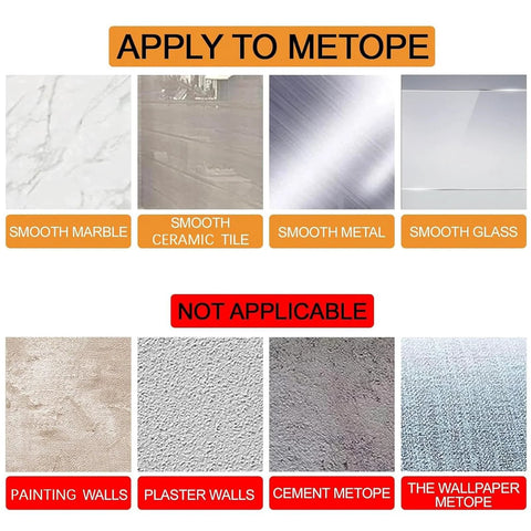 Surface compatibility chart for Clear PU Self Adhesive Finger Pulls, showing applicable and non-applicable surfaces like marble and plaster walls